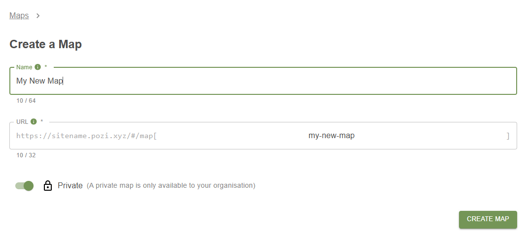 Create a Map screen showing the map name, generated URL, and private visibility option