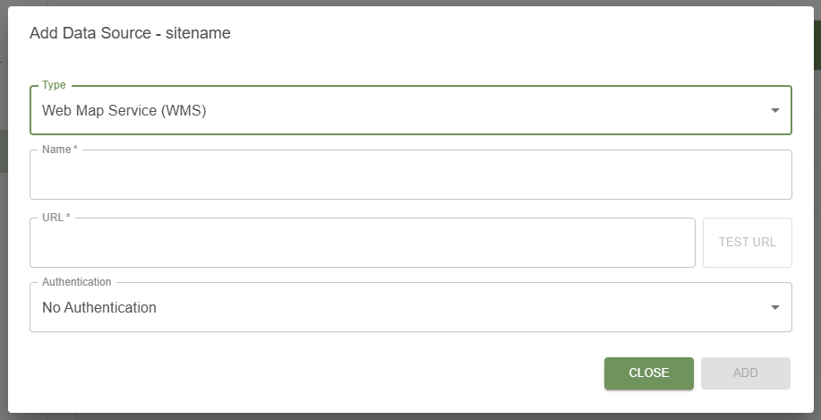 Add Data Source dialog showing the service type, name, URL, and authentication fields