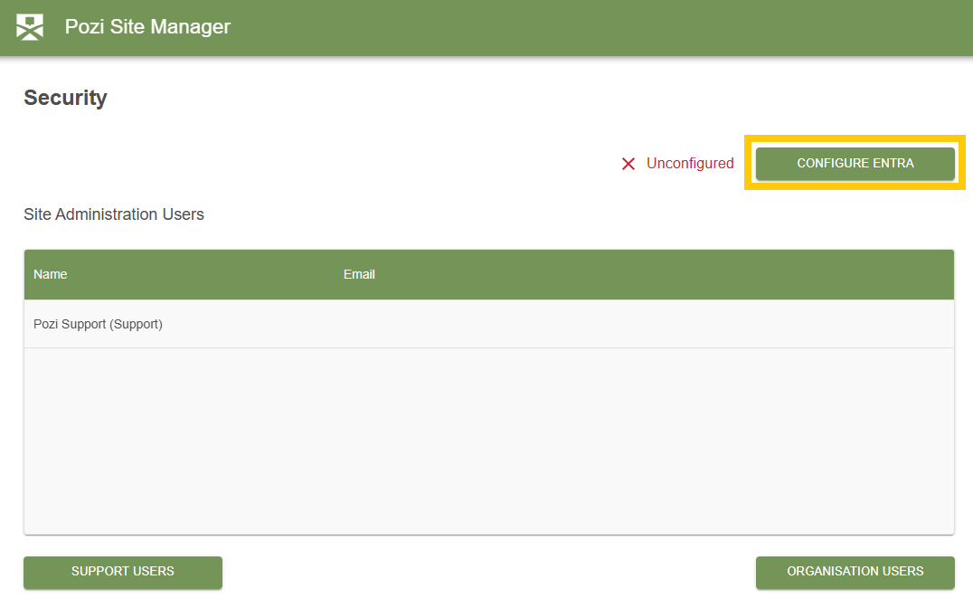Security page showing the Configure Entra action