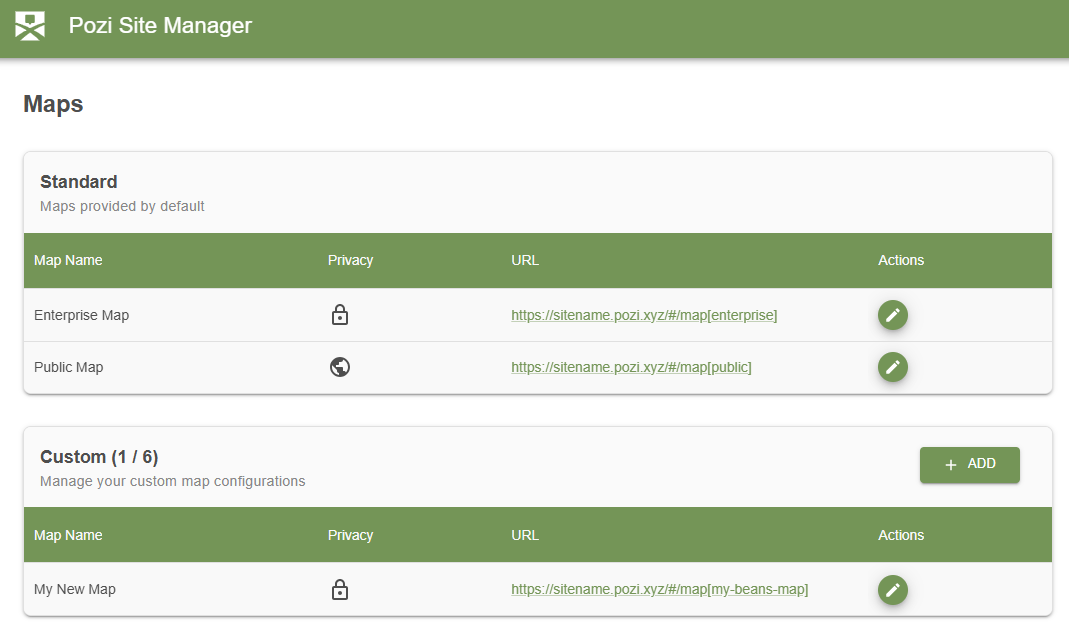 Custom maps list showing the newly created map and its URL