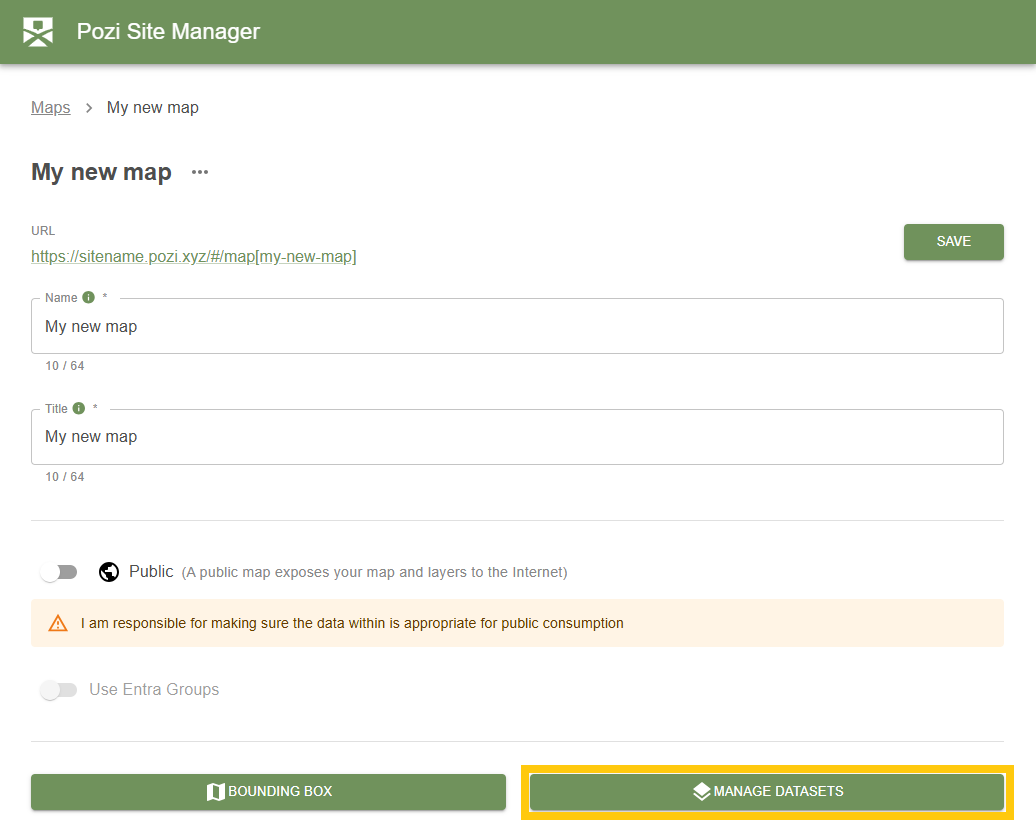 Edit map screen showing the URL, map name, title, public visibility, and Manage Datasets action