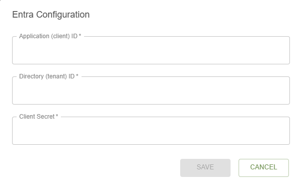 Entra configuration form asking for the application client ID, directory tenant ID, and client secret