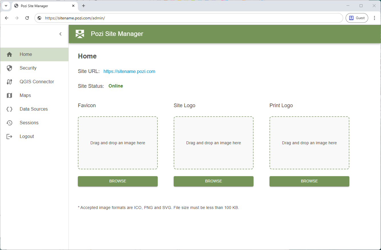 Pozi Site Manager home screen showing the left-hand navigation and site-wide settings