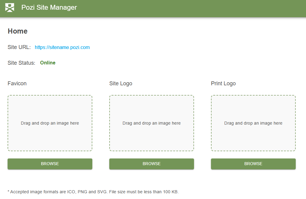 Home page settings for the site URL, site status, favicon, and logos
