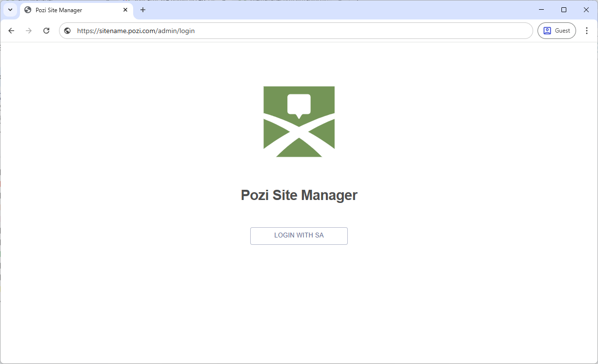 Pozi Site Manager login screen with the LOGIN WITH SA button