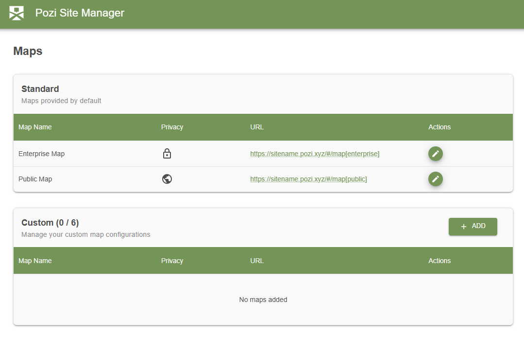 Maps page showing the default standard maps and the custom map section