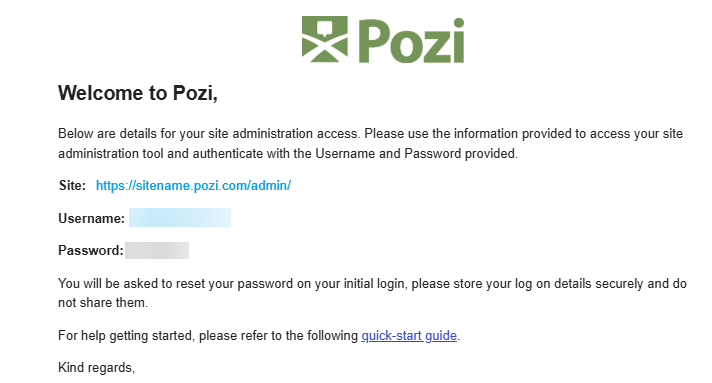 Onboarding email containing the Site Manager URL, username, and temporary password