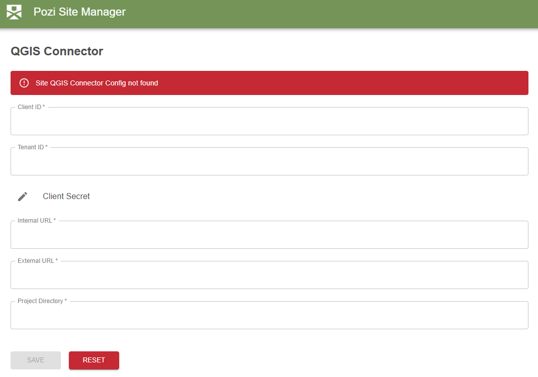 QGIS Connector page with fields for IDs, URLs, and the project directory