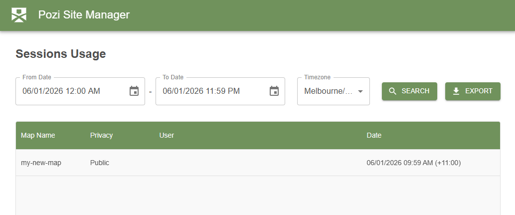Sessions Usage page showing the date filters, timezone selector, and export action