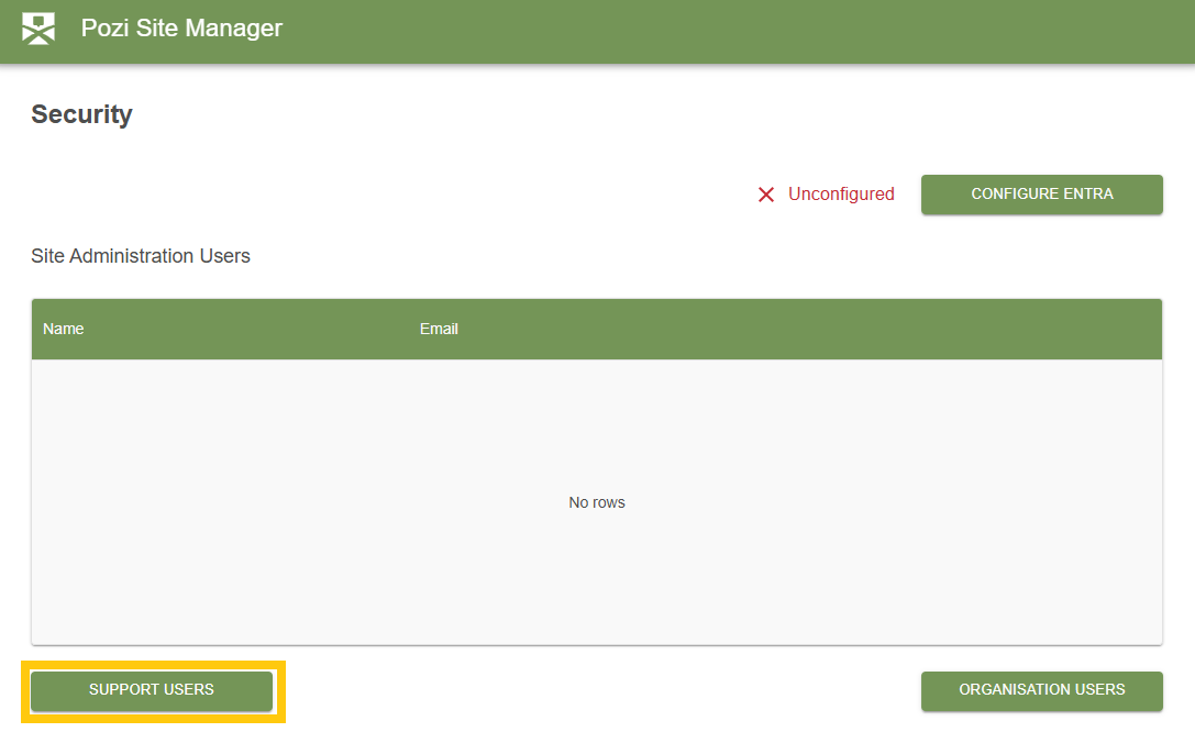 Security page showing support users, organisation users, and Entra configuration status