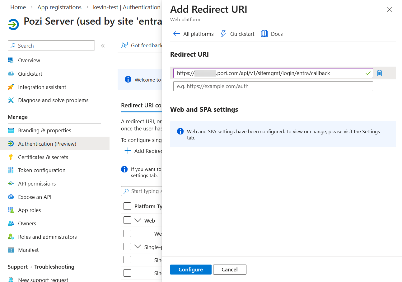 Add web redirect URI in Entra ID