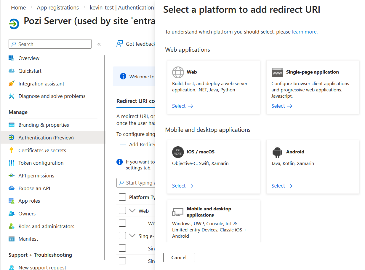 Select redirect URI platform in Entra ID