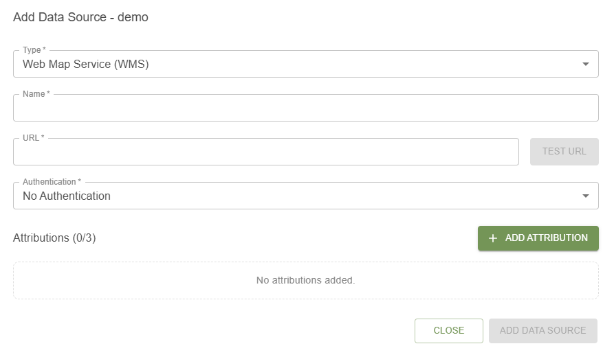 Add Data Source dialog showing the service type, name, URL, and authentication fields