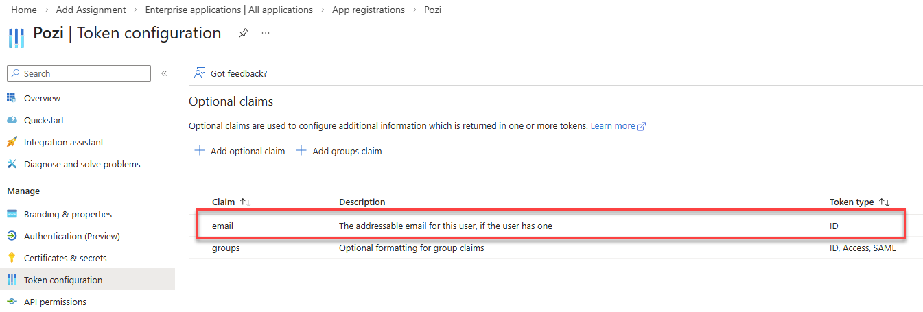 Entra token configuration
